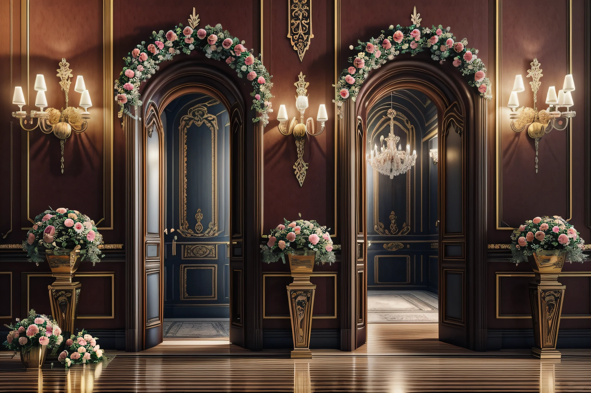 RAW photo, best, masterpiece, best quality, high quality, extremely detailed, there is a doorway with a bunch of flowers on the outside, portal made of roses, in romantic style, romantic themed, retro vintage and romanticism, retro dark vintage, dramatic entry, flower shop scene, beautiful aesthetic, romantic style, rich deep colors masterpiece, beautiful composition, roses in cinematic light, ornate and elegant, dramatic backgroung, ornate retreat, ultra hd, realistic, vivid colors, highly detailed, UHD drawing, pen and ink, perfect composition, beautiful detailed intricate insanely detailed octane render trending on artstation, 8k artistic photography, photorealistic concept art, soft natural volumetric cinematic perfect light