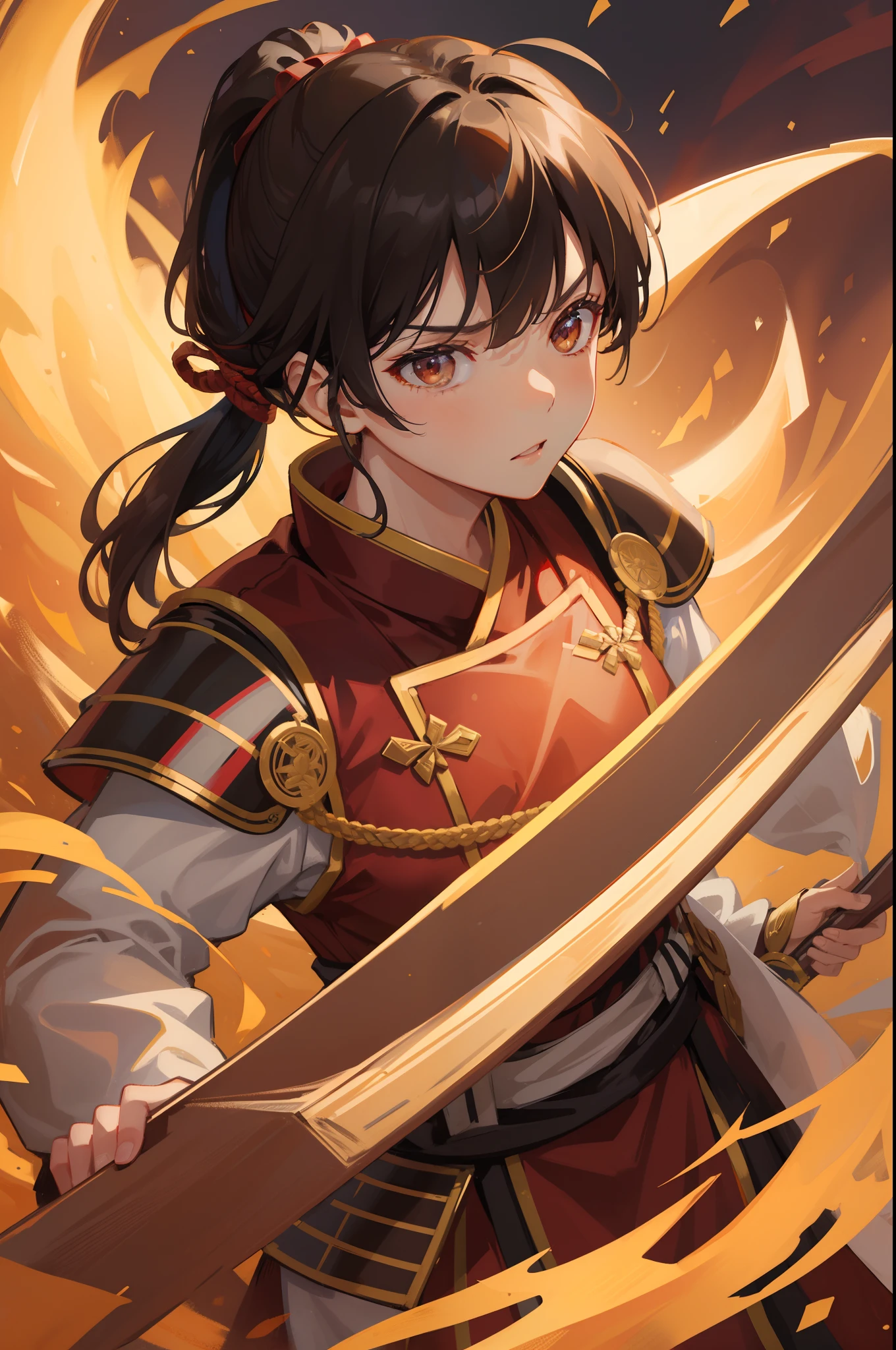1woman, general officer, medium black hair , bangs, ponytail, touji hairstyle, brown eyes, expressive eyes, serious expression, wearing red chinese armour with golden markings, carrying a bow, hanfu, portrait, noon, rice field, high res, ultrasharp, 8K, masterpiece, looking at viewer