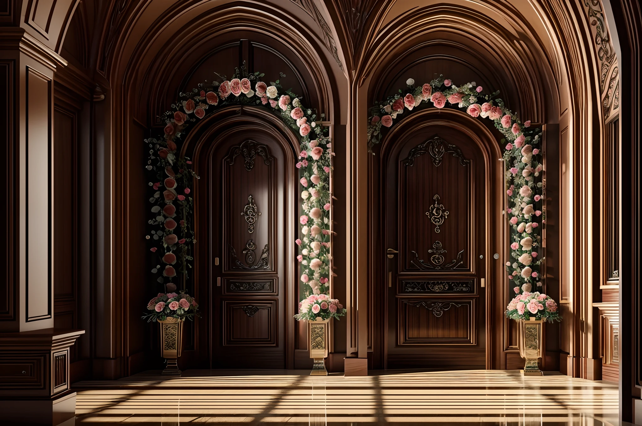 RAW photo, best, masterpiece, best quality, high quality, extremely detailed, there is a doorway with a bunch of flowers on the outside, portal made of roses, in romantic style, romantic themed, retro vintage and romanticism, retro dark vintage, dramatic entry, flower shop scene, beautiful aesthetic, romantic style, rich deep colors masterpiece, beautiful composition, roses in cinematic light, ornate and elegant, dramatic backgroung, ornate retreat, ultra hd, realistic, vivid colors, highly detailed, UHD drawing, pen and ink, perfect composition, beautiful detailed intricate insanely detailed octane render trending on artstation, 8k artistic photography, photorealistic concept art, soft natural volumetric cinematic perfect light