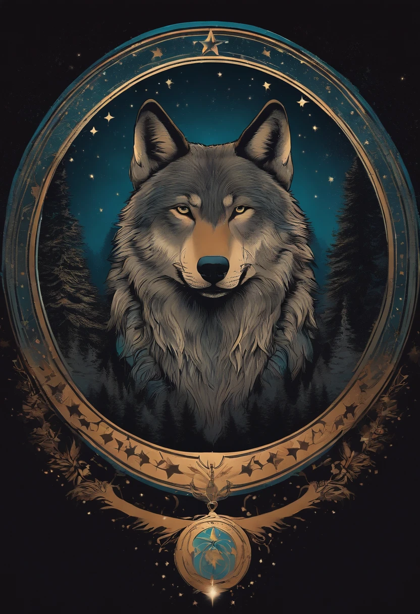 "A t-shirt design with a wolf silhouette inside a circle, crescent, and star