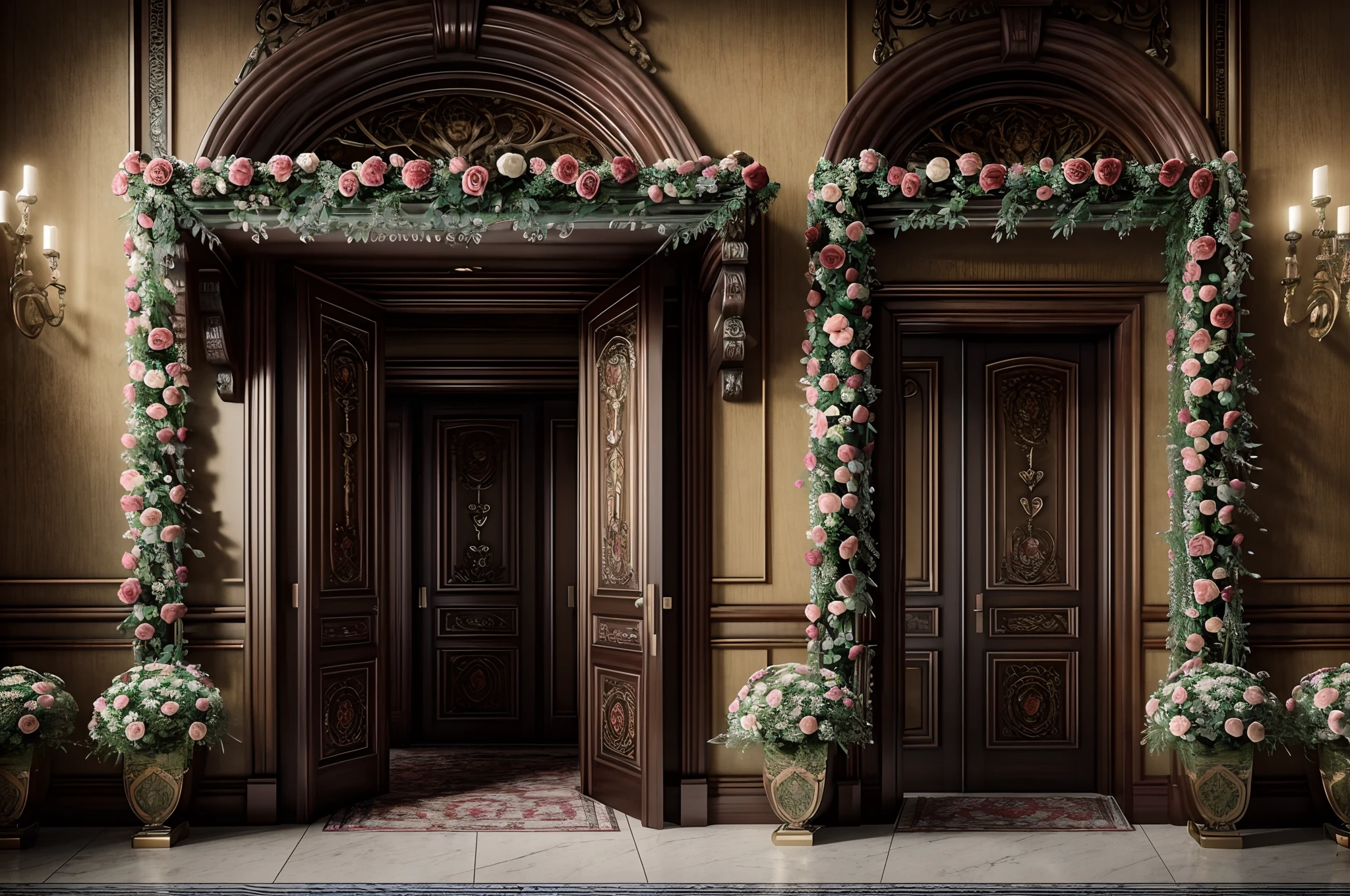RAW photo, best, masterpiece, best quality, high quality, extremely detailed, there is a doorway with a bunch of flowers on the outside, portal made of roses, in romantic style, romantic themed, retro vintage and romanticism, retro dark vintage, dramatic entry, flower shop scene, beautiful aesthetic, romantic style, rich deep colors masterpiece, beautiful composition, roses in cinematic light, ornate and elegant, dramatic backgroung, ornate retreat, ultra hd, realistic, vivid colors, highly detailed, UHD drawing, pen and ink, perfect composition, beautiful detailed intricate insanely detailed octane render trending on artstation, 8k artistic photography, photorealistic concept art, soft natural volumetric cinematic perfect light