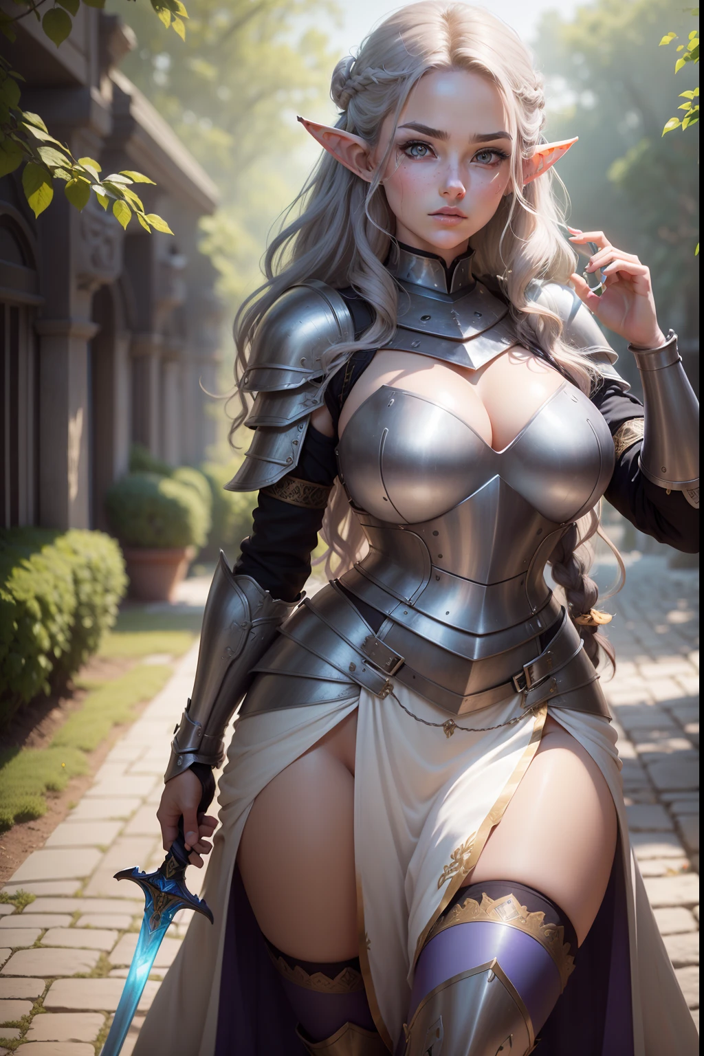 photography of a stunning girl, wearing plate armor, (((very heavy bust))), wavy hair, holding a large sword, eye color purple, looks into the camera, symmetrical eyes, symmetrical face, photorealistic, photography, path tracing, specular lighting, volumetric face light, path traced hair, visible shadows, intricate, elaborate, hyper realistic, elf ears