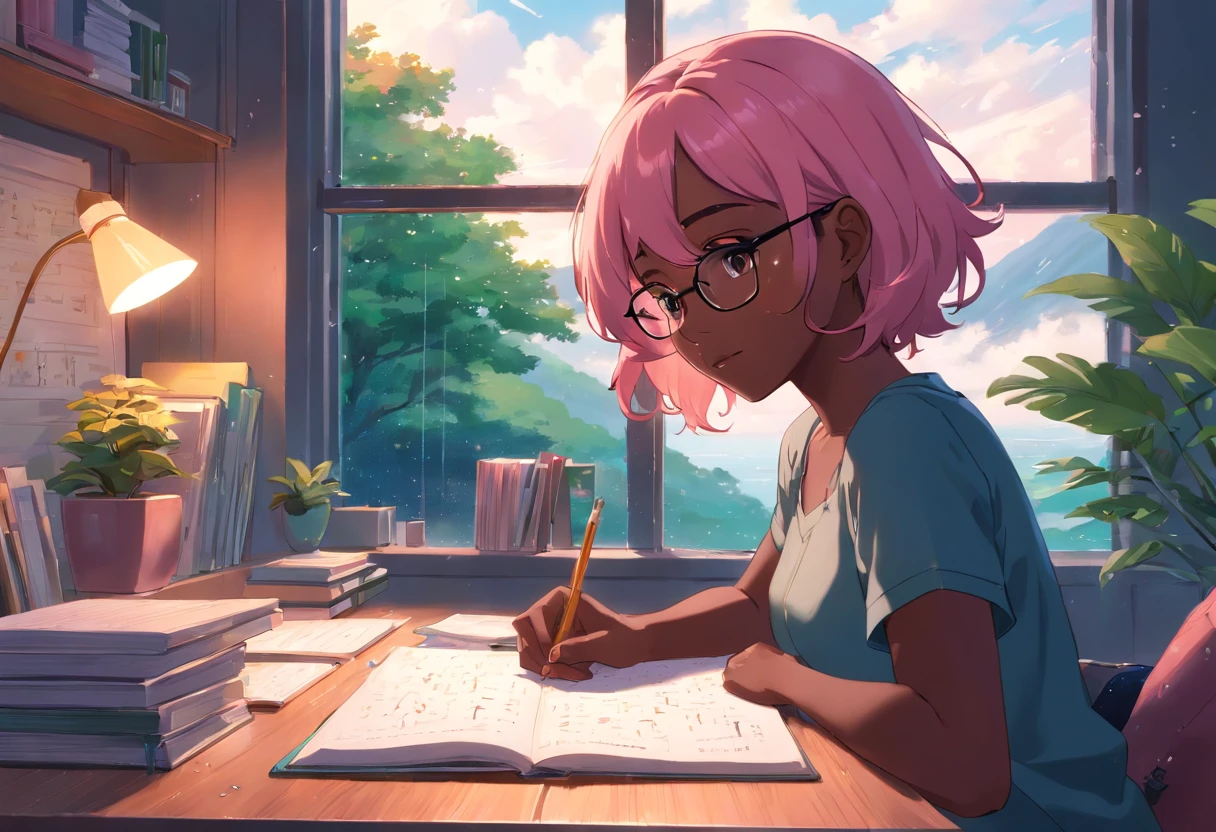 Lia a girl with pink hair, (dark skin), curly hair, studying in her peach pastel room, cozy study desk, glasses, large window overlooking beautiful nature scenery, (staring at the scenery), floral notebooks, (raining), (dark skin)
