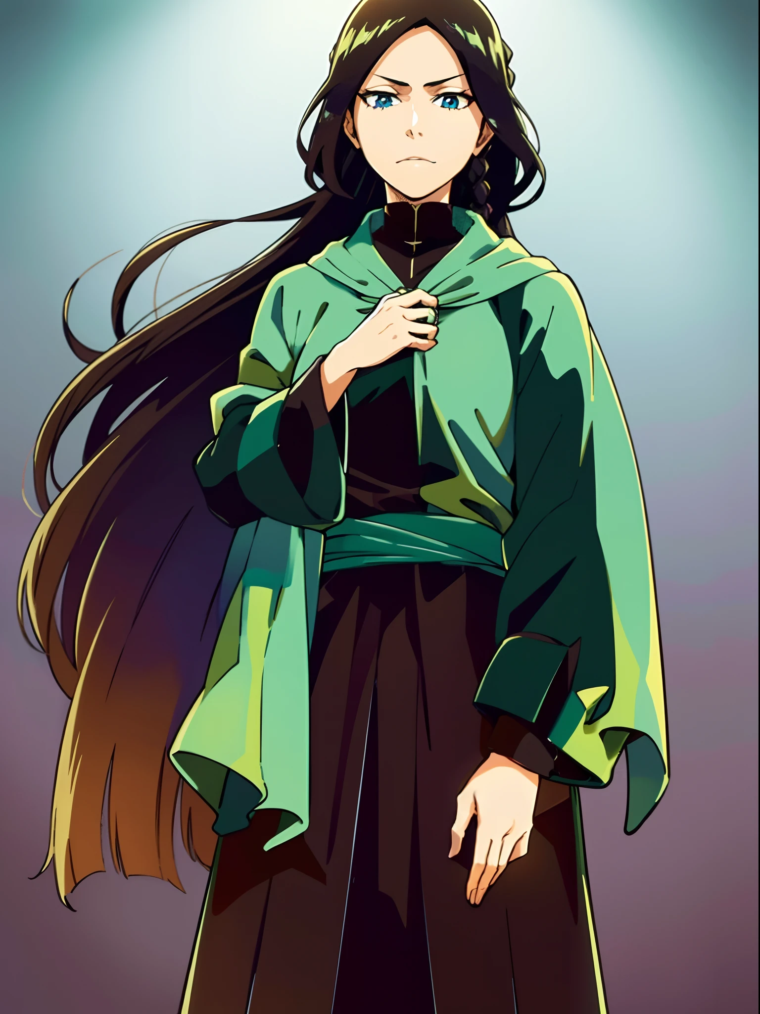 Young attractive woman, long dark hair, brown hair, braided hair, turquoise eyes, sorcerer, dark clothes, dark black cloak with Hood, magic, medival style, confident face, inspired by Hiromu Arakawa