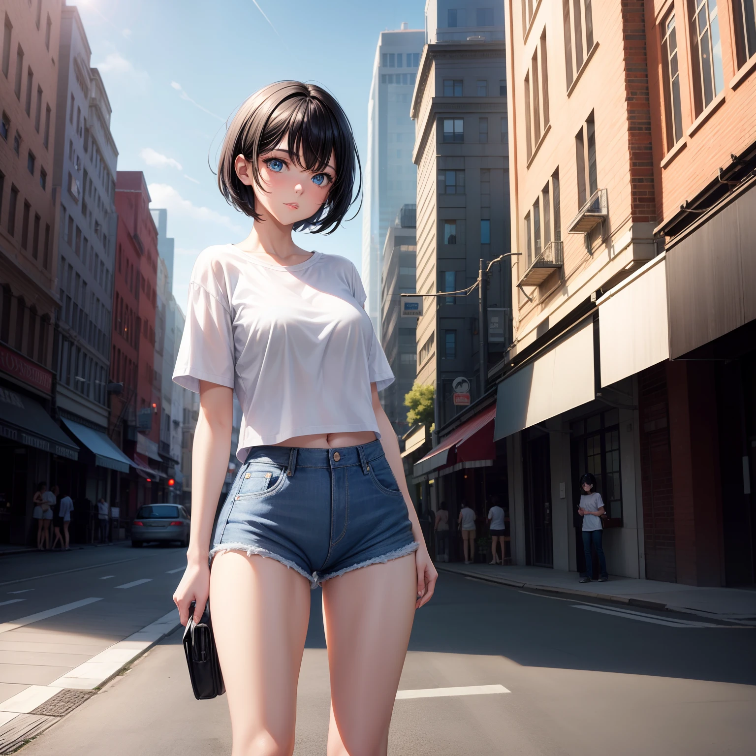 1 girl, short black hair, blue eyes, wearing plain white shirt, denim shorts, city, absurdres, high res, ultrasharp, 8K, masterpiece, looking at viewer