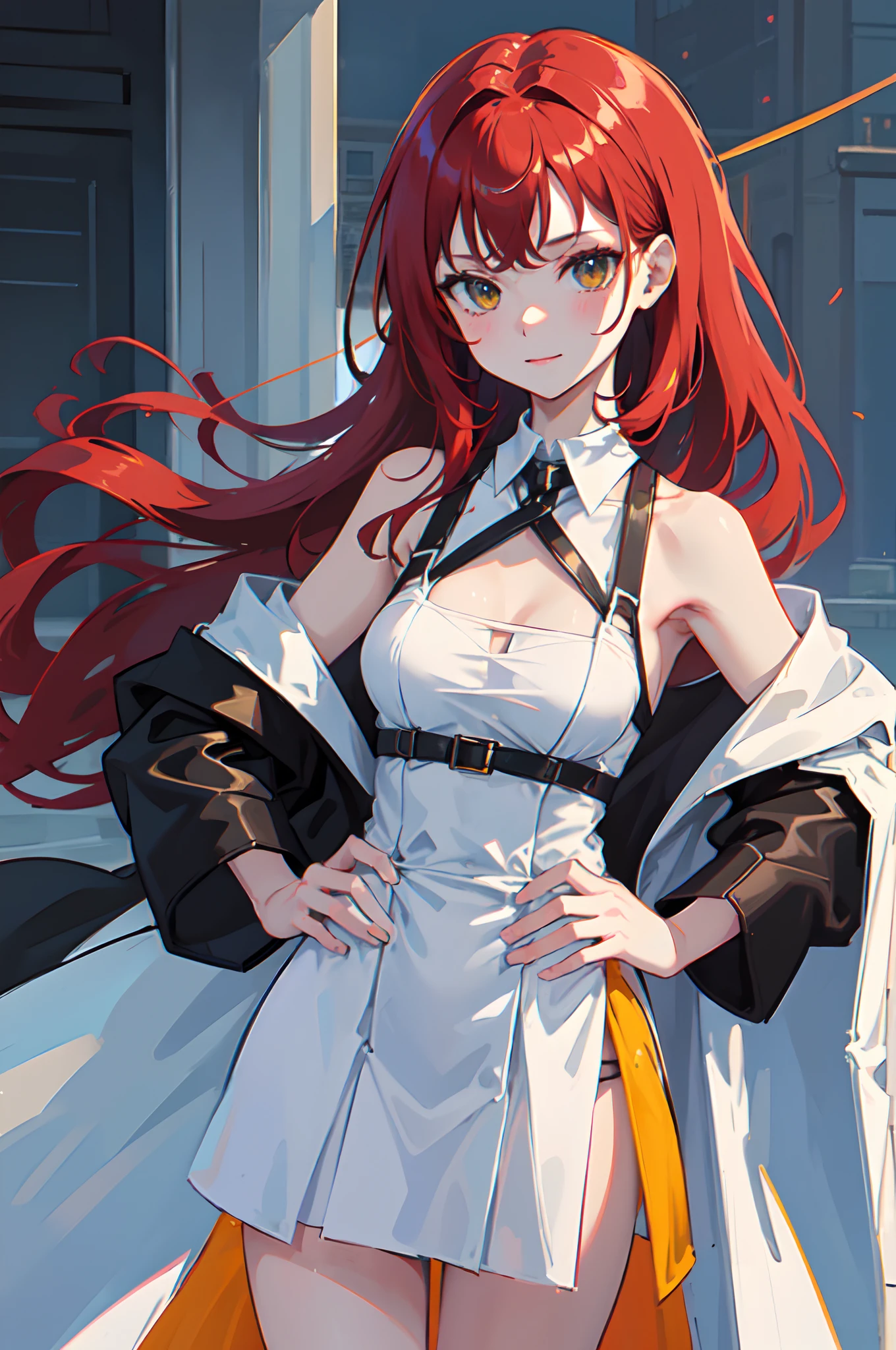 1girl, young woman, solo, scarlet red hair, long hair, big hair, forehead, yellow eyes, medium breasts,, little smile, (overcoat, black coat, open coat:1.2), white shirt, collared shirt, (chest harness, shoulder strap:1.15), black shorts, garter belt, thighighs, elegant, looking at viewer, simple background, transparent background, standing, focus hands on hips, close-up, face only, masterpiece, best quality, 4k