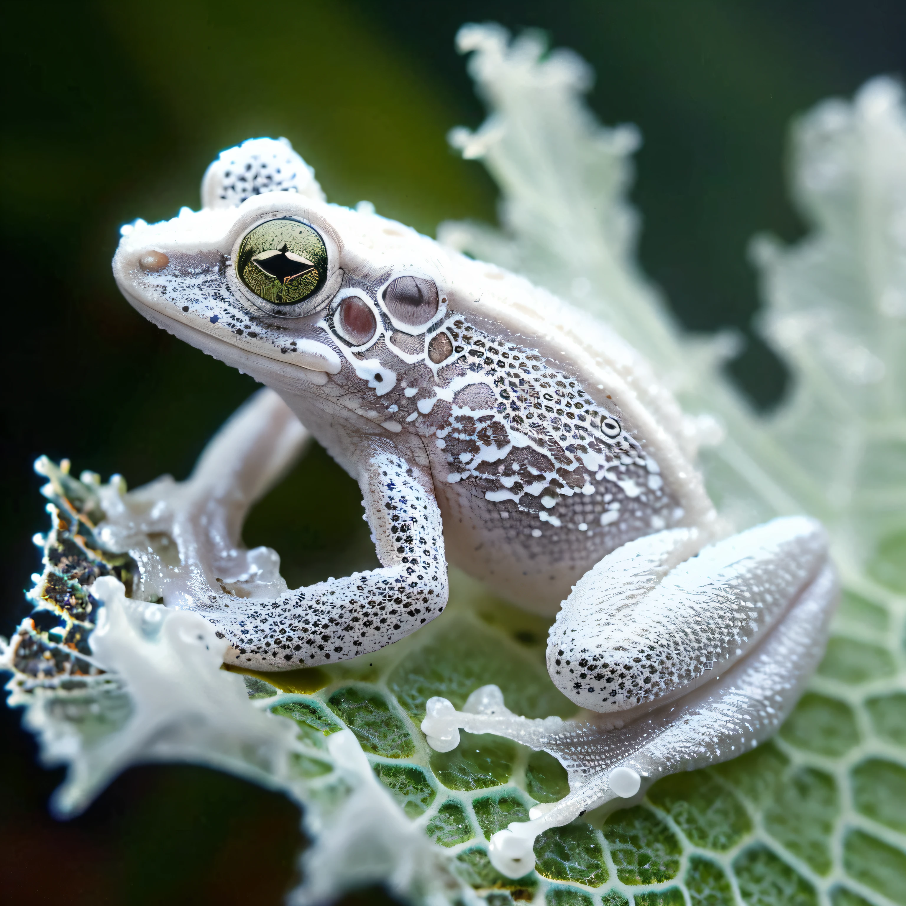 there is a white frog sitting on a leaf with a green background, beautiful frog, alien frog, amazon milk frog, award winning macro photography, macro photography, cute frog, photorealistic and intricate, macro art, albino mystic, frog, macro photo, detailed white, frog - elephant creature, macro image, stunningly detailed, miniature frog, highly realistic photography, highly realistic photo