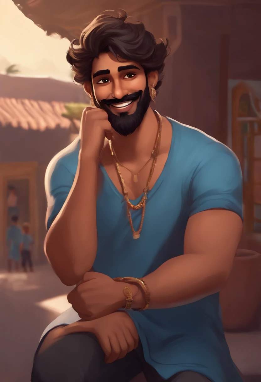 Make my avatar, im indian boy with 5'7 height, 83 kg weight, brown skin, light mustache beared, in oversized blue t shirt with anime print backside, im little bit fatso and quite a funny guy always laughing