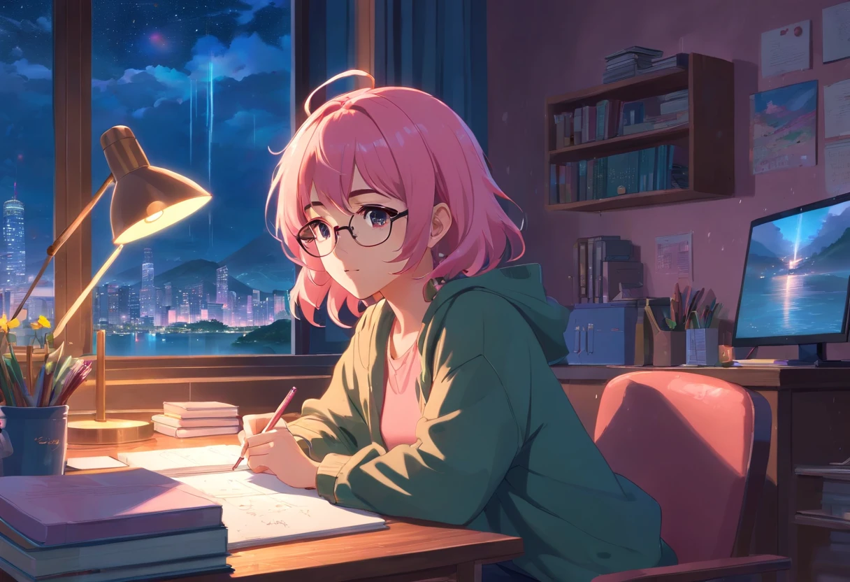 Lia a girl with pink hair, (dark skin), curly hair, studying in her peach pastel room, cozy study desk, glasses, large window overlooking beautiful nature scenery, (staring at the scenery), floral notebooks, (raining), (dark skin), (night time)