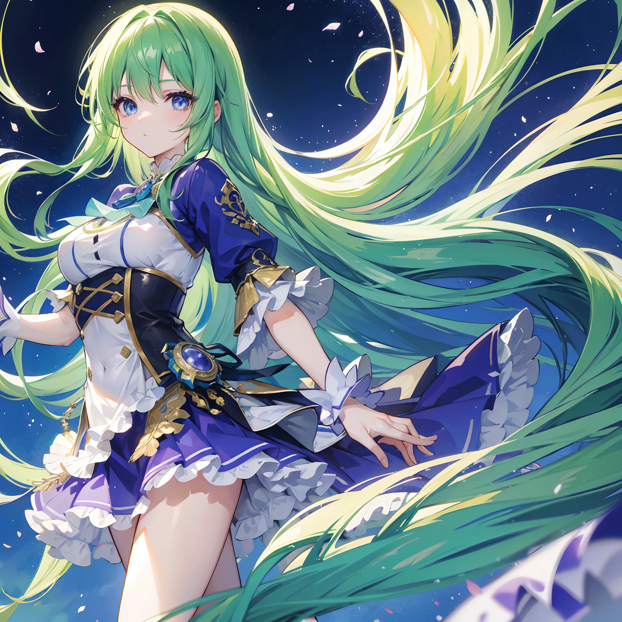 long green hair,blue purple eyes,,idol clothes,anime girl,(masterpiece)best quality,top quality