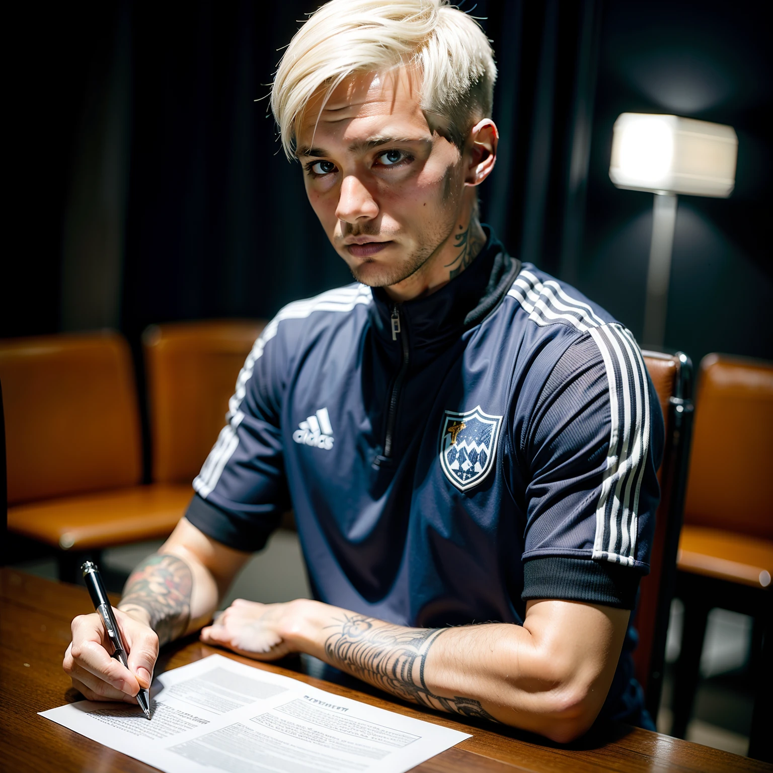 Homem Soccer Player Platinum hair with tattoos At a table signing a contract with a team