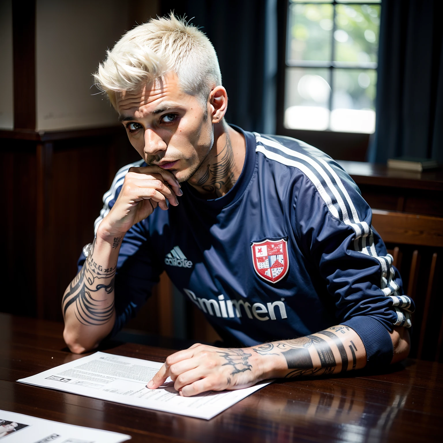 Homem Soccer Player Platinum hair with tattoos At a table signing a contract with a team