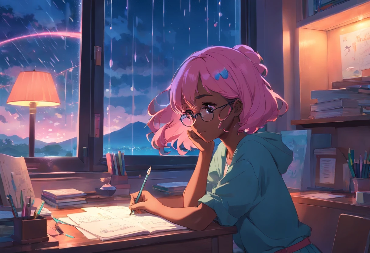 Lia a girl with pink hair, (dark skin), curly hair, studying in her peach pastel room, cozy study desk, glasses, large window overlooking beautiful nature scenery, (staring at the scenery), floral notebooks, (raining), (dark skin), (night time), (dark skin)
