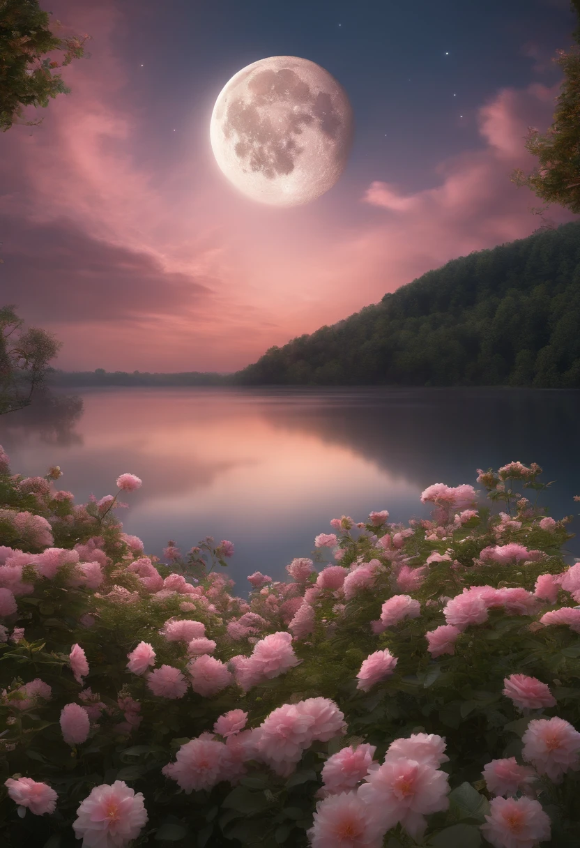 (best quality,4k,8k,highres,masterpiece:1.2),ultra-detailed,(realistic,photorealistic,photo-realistic:1.37),moon,stars,flowers,clouds,pink sky,romantic night,serene atmosphere,giant full moon,blooming flowers,billowy clouds,pastel colors,soft light,nighttime beauty,dreamlike scenery,ethereal landscape,peaceful ambiance,nature's beauty,tranquil environment