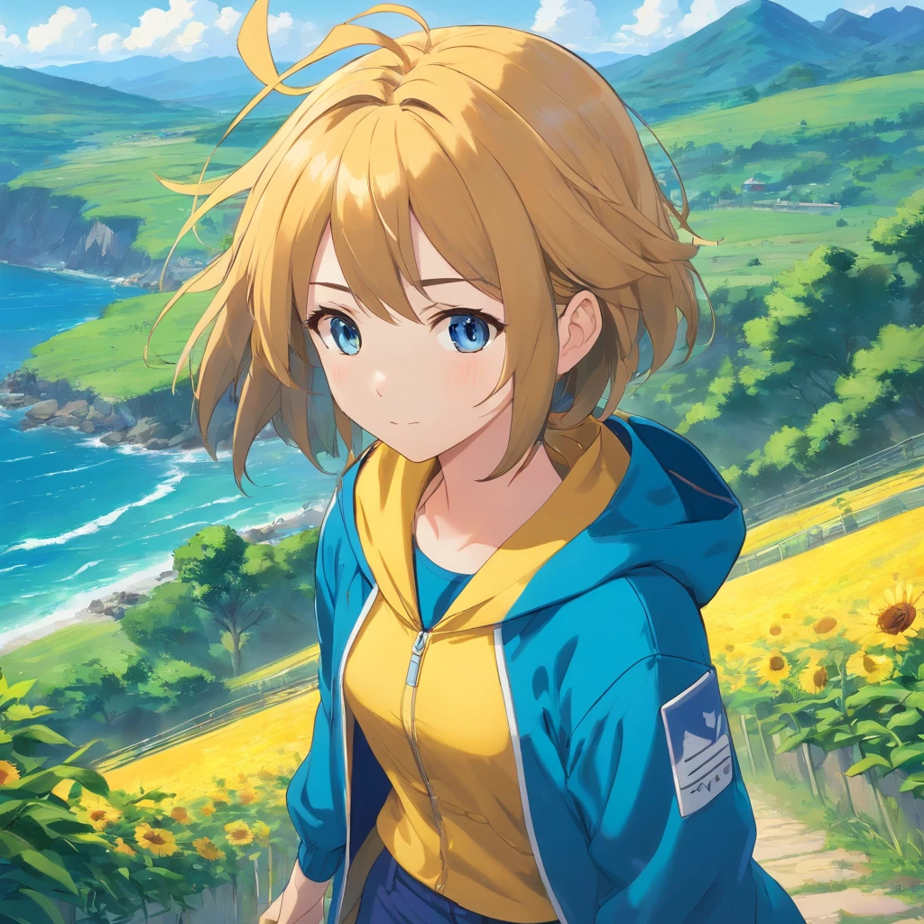 A girl in a yellow coat and blue pants stands in front of a landscape, viajante, single character, visual anime de uma menina bonito, cabelo azul, anime illustration, anime moe artstyle, Iwakura Lain, hinata hyuga, retrato de corpo curto!, Fubuki, single character, como um personagem de anime, 插圖, cabelo curto azul escuro, profundidade de campo 1：5, campo de girassoes，Artes Oficiais， Unity 8k papel de parede， super-detalhado， lindo e bonito， master part， melhor qualidade， （Dynamic angle：1.4，qualidade superior，melhor qualidade，Artes Oficiais，Beauty and Aesthetics：1.2），extremamente detalhado，Colouring，Detalhes mais altos