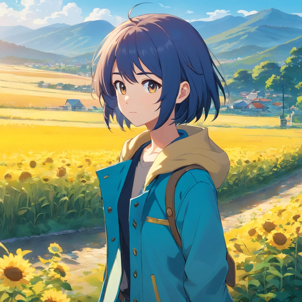 A girl in a yellow coat and blue pants stands in front of a landscape, viajante, single character, visual anime de uma bonito, cabelo azul, anime illustration, anime moe artstyle, Iwakura Lain, hinata hyuga, retrato de corpo curto!, Fubuki, single character, como um personagem de anime, 插圖, cabelo curto azul escuro, profundidade de campo 1:5, campo de girassoes,Artes Oficiais, Unity 8k papel de parede, super-detalhado, lindo e bonito, master part, melhor qualidade, (Dynamic angle:1.4,qualidade superior,melhor qualidade,Artes Oficiais,Beauty and Aesthetics:1.2),extremamente detalhado,Colouring,Detalhes mais altos