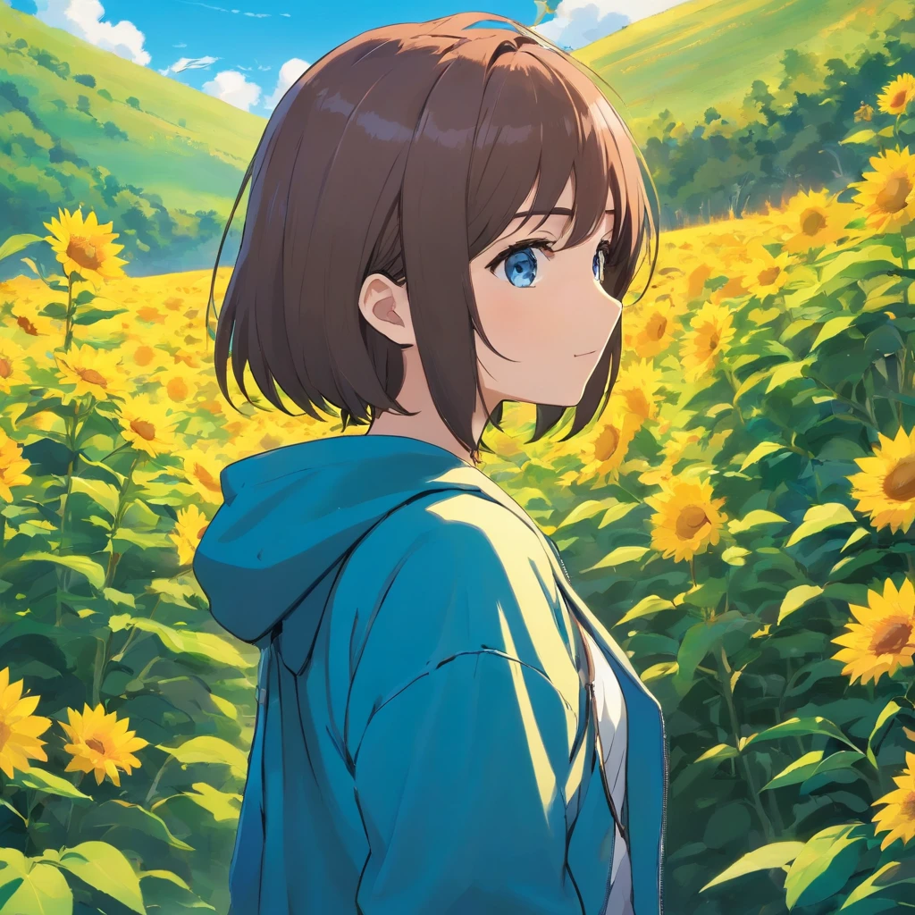 A girl in a yellow coat and blue pants stands in front of a landscape, viajante, single character, visual anime de uma menina bonito, cabelo azul, anime illustration, anime moe artstyle, Iwakura Lain, hinata hyuga, retrato de corpo curto!, Fubuki, single character, como um personagem de anime, 插圖, cabelo curto azul escuro, profundidade de campo 1：5, campo de girassoes，Artes Oficiais， Unity 8k papel de parede， super-detalhado， lindo e bonito， master part， melhor qualidade， （Dynamic angle：1.4，qualidade superior，melhor qualidade，Artes Oficiais，Beauty and Aesthetics：1.2），extremamente detalhado，Colouring，Detalhes mais altos