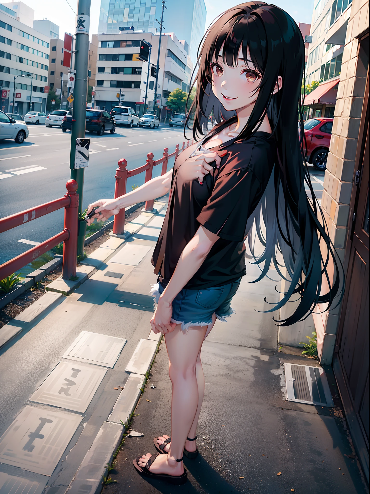 1girl, yumeko jabami, long black hair, bangs, brown eyes, wearing plain short sleeve black shirt, smiling, short jeans, wearing flip flops, city, high res, ultrasharp, 8K, masterpiece, looking at viewer