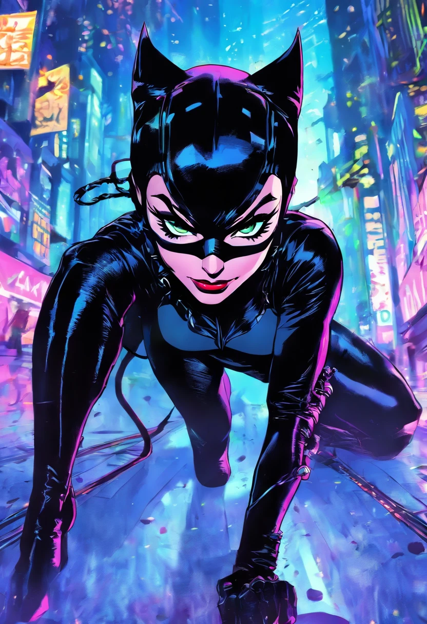 masterpiece, best quality, highres, highest quality, absurdres, catwoman, traditional media, (painting \(medium\)), sharp expressive green eyes, perfect face, wide hips, bodysuit, thick lineart, atmospheric lighting, smooth, beautifully detailed city background, cinematic composition, Joe Madureira
