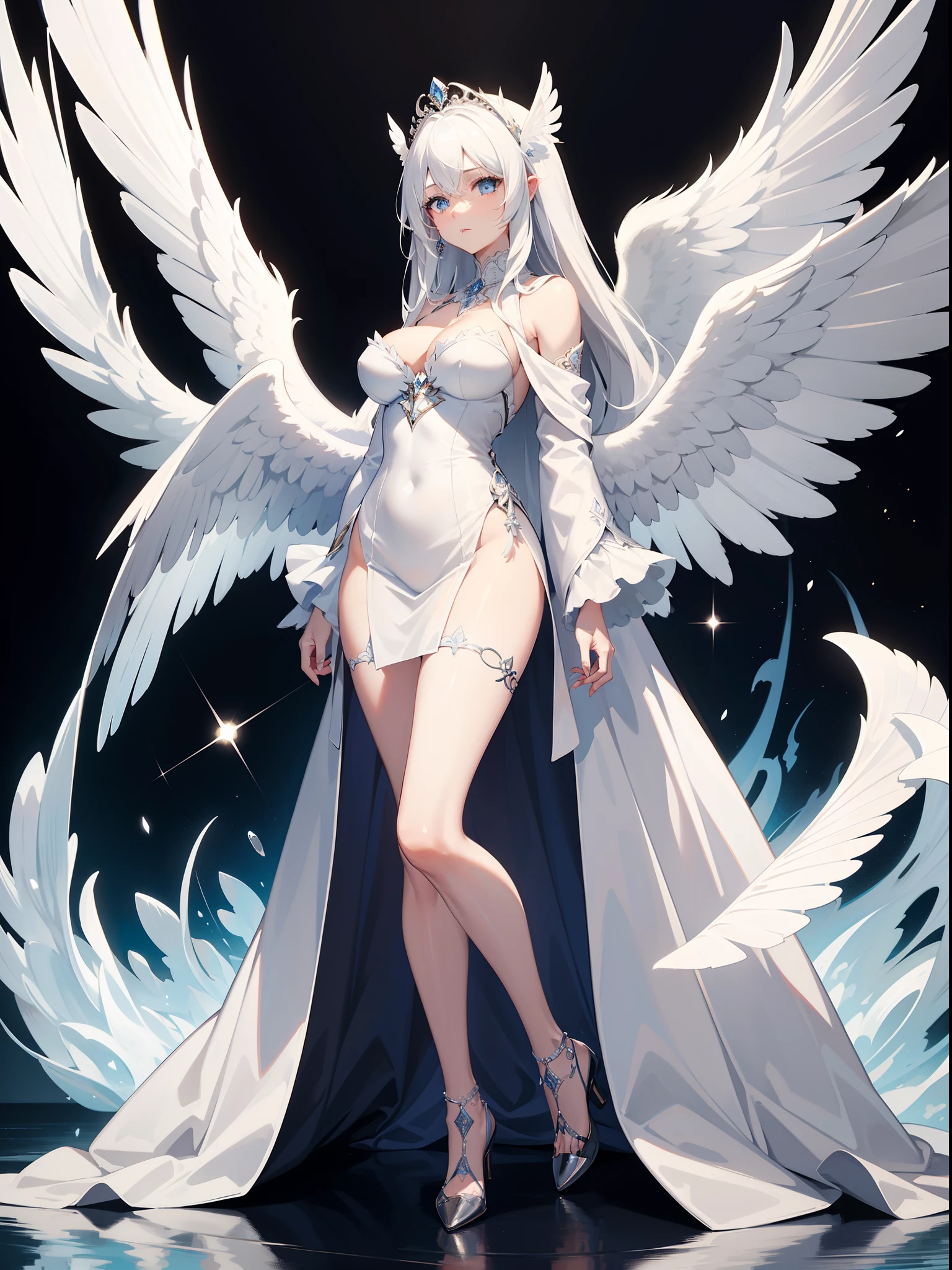 masterpiece, best quality, ultra -detailed, finely detail, White girl, angel, white hair, blue eyes, sexy, wings, sexy pose, white dress, full body, long hair, fringe, black dress, black shoes, acessories, wings on the back