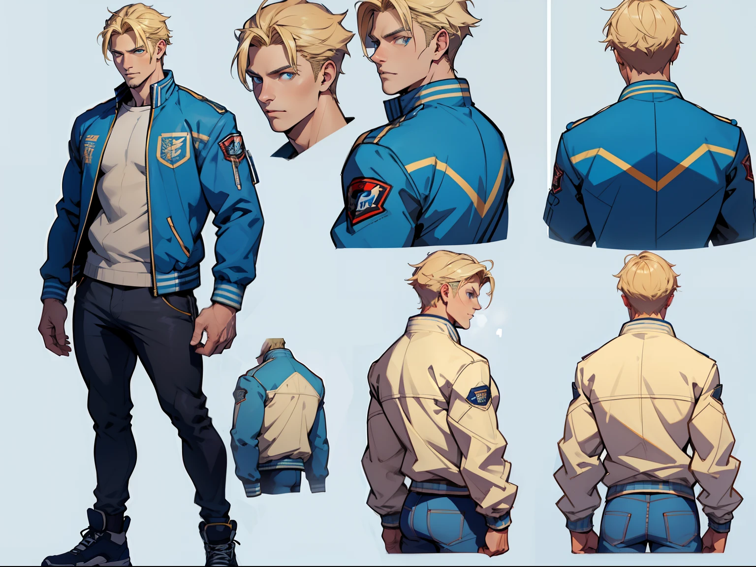 ( Absurdly , High quality , ultra detailed ) ,( hand detailed ) , 1boy, solo, teen, , (concept art, character sheet, character sketch),absurdres(highly detailed beautiful face and eyes)perfect anatomy, (Male), (((lean-body))) ((thin body)) (fit), (dark-blue eyes), (multiple views) (sketch), intense eyes, (concept art, character sheet), blond hair, short messy hair, wolf cut, wolf like hair, black cargo shorts, no shirt, no boots