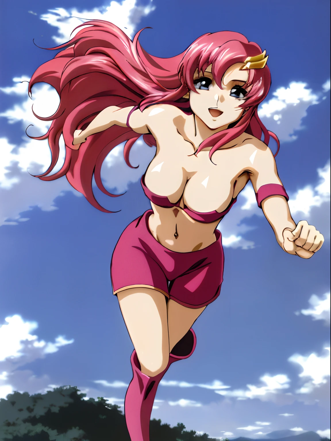 (masterpiece, 4K, Best Quality, Anime style: 1.9, bold drawing lines, High color saturation, Detailed face, tall, Adult Woman, lovely, (cloud background), Drawing lines, high resolution, Anime, lacus4), 1girl in, Solo, curvy figure, Long hair, 鎖骨, scapular, Wavy Hair, Detailed wide hair bangs, Hair Ornament, Detailed reddish-pink hair, cleavage, large hands, (Big blue eyes, shiny eyes), Smile, closed mouth, Very happy, ((closed fists)), (laughing, open mouth), ((medium breasts)), (((shjrt, ))), (pink wrestling long boots), strong arms, biceps, rib lines, ((lean forward)), standing, (hands on hips), happy, bare shoulders, (exposed navel, shiny skin, exposed belly button area, bare hips, armpits, armpit lines, armpit pocket)
