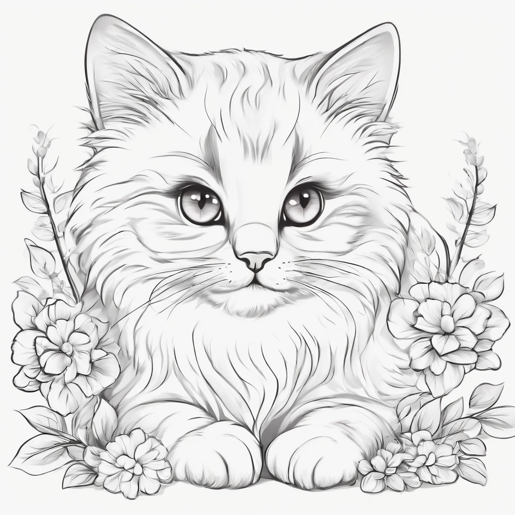 cute cat, cartoon style, plano de fundo do desenho de linha, fundo branco, monocromatic, desenho de linha, ((esquete)), para colorir