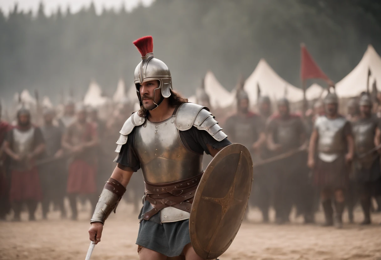 Characters: Atila, Roman soldiers; Description: Sacking of Rome; Era: Sacking of Rome; Attire: War-worn attire; Location: Sacked Roman city; Action: Battle in the city streets; Background: Burning Rome; Shot type: High angle; Style: Hyper-realistic, photo realism, cinematography --ar 9:16