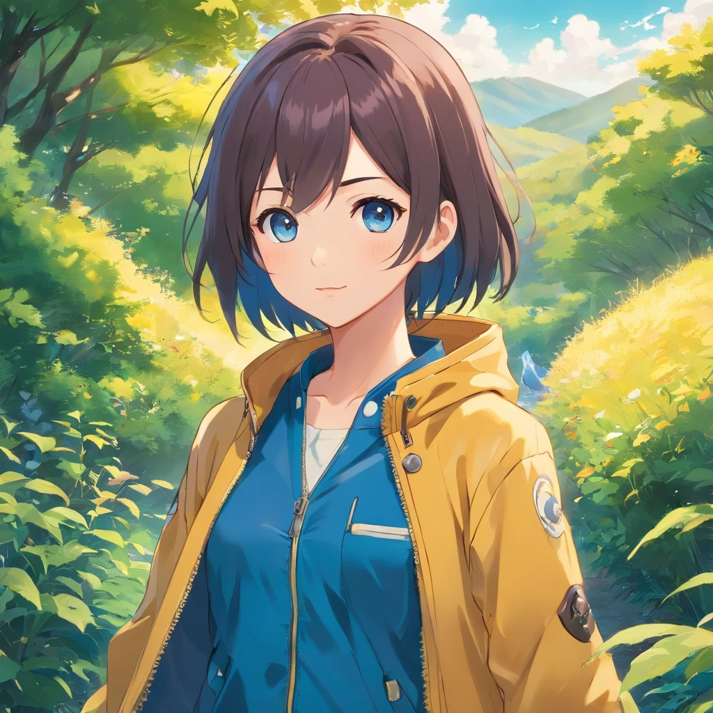 A girl in a yellow coat and blue pants stands in front of a landscape, viajante, single character, visual anime de uma bonito, cabelo azul, anime illustration, anime moe artstyle, Iwakura Lain, hinata hyuga, retrato de corpo curto!, Fubuki, single character, como um personagem de anime, 插圖, cabelo curto azul escuro, profundidade de campo 1:5, Campo de Girassoes,Artes Oficiais, Unity 8k papel de parede, super-detalhado, lindo e bonito, master part, melhor qualidade, (Dynamic angle:1.4,qualidade superior,melhor qualidade,Artes Oficiais,Beauty and Aesthetics:1.2),extremamente detalhado,Colouring,Detalhes mais altos