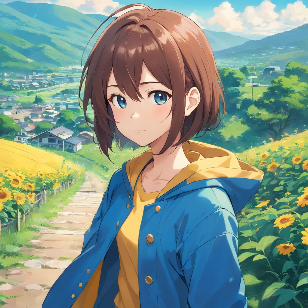 A girl in a yellow coat and blue pants stands in front of a landscape, viajante, single character, visual anime de uma bonito, cabelo azul, anime illustration, anime moe artstyle, Iwakura Lain, hinata hyuga, retrato de corpo curto!, Fubuki, single character, como um personagem de anime, 插圖, cabelo curto azul escuro, profundidade de campo 1:5, Campo de Girassoes,Artes Oficiais, Unity 8k papel de parede, super-detalhado, lindo e bonito, master part, melhor qualidade, (Dynamic angle:1.4,qualidade superior,melhor qualidade,Artes Oficiais,Beauty and Aesthetics:1.2),extremamente detalhado,Colouring,Detalhes mais altos