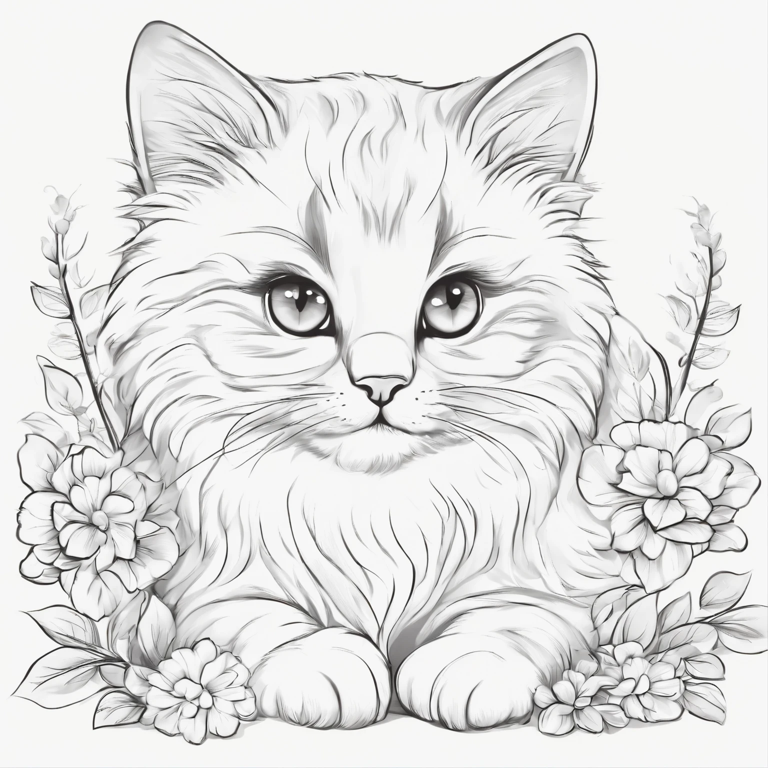 cute cat, cartoon style, plano de fundo do desenho de linha, fundo branco, monocromatic, desenho de linha, ((esquete)), para colorir