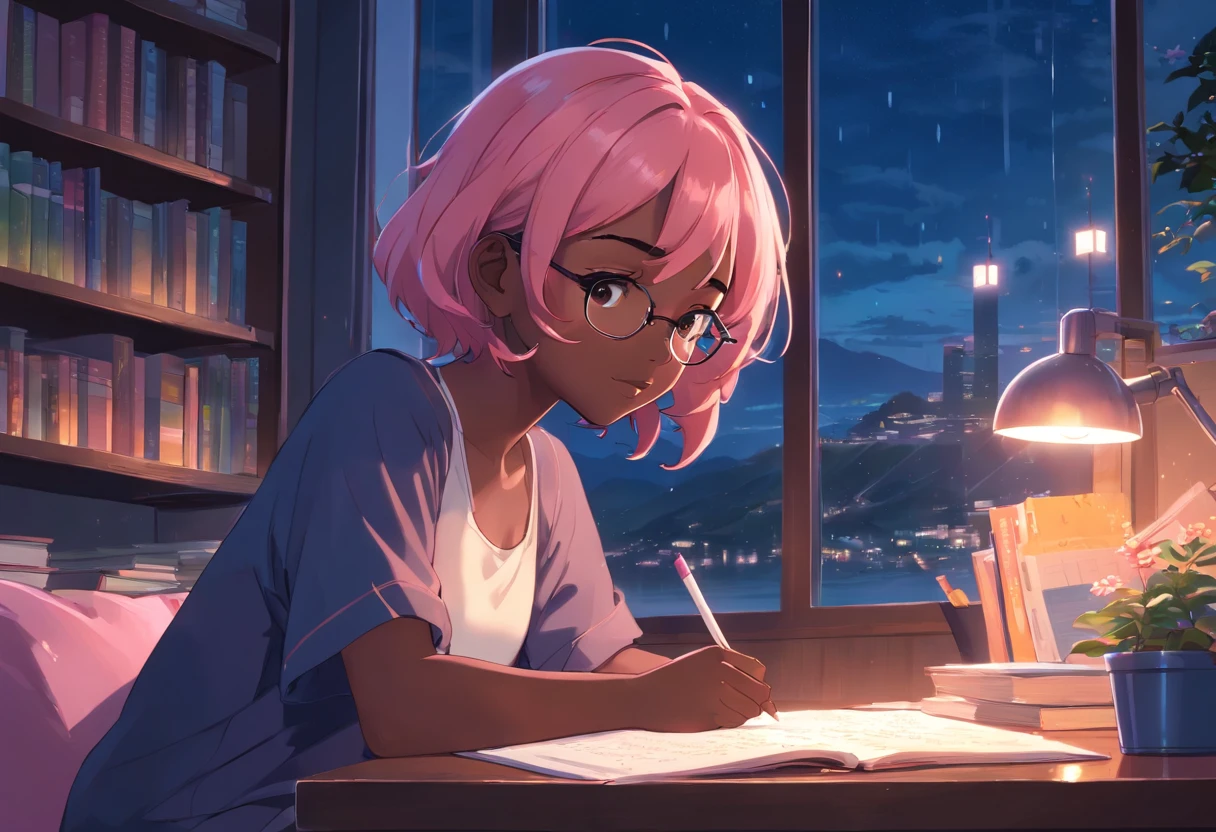 Lia a girl with pink hair, (dark skin), curly hair, studying in her peach pastel room, cozy study desk, glasses, large window overlooking beautiful nature scenery, (staring at the scenery), floral notebooks, (raining), (dark skin), (night time), (dark skin)