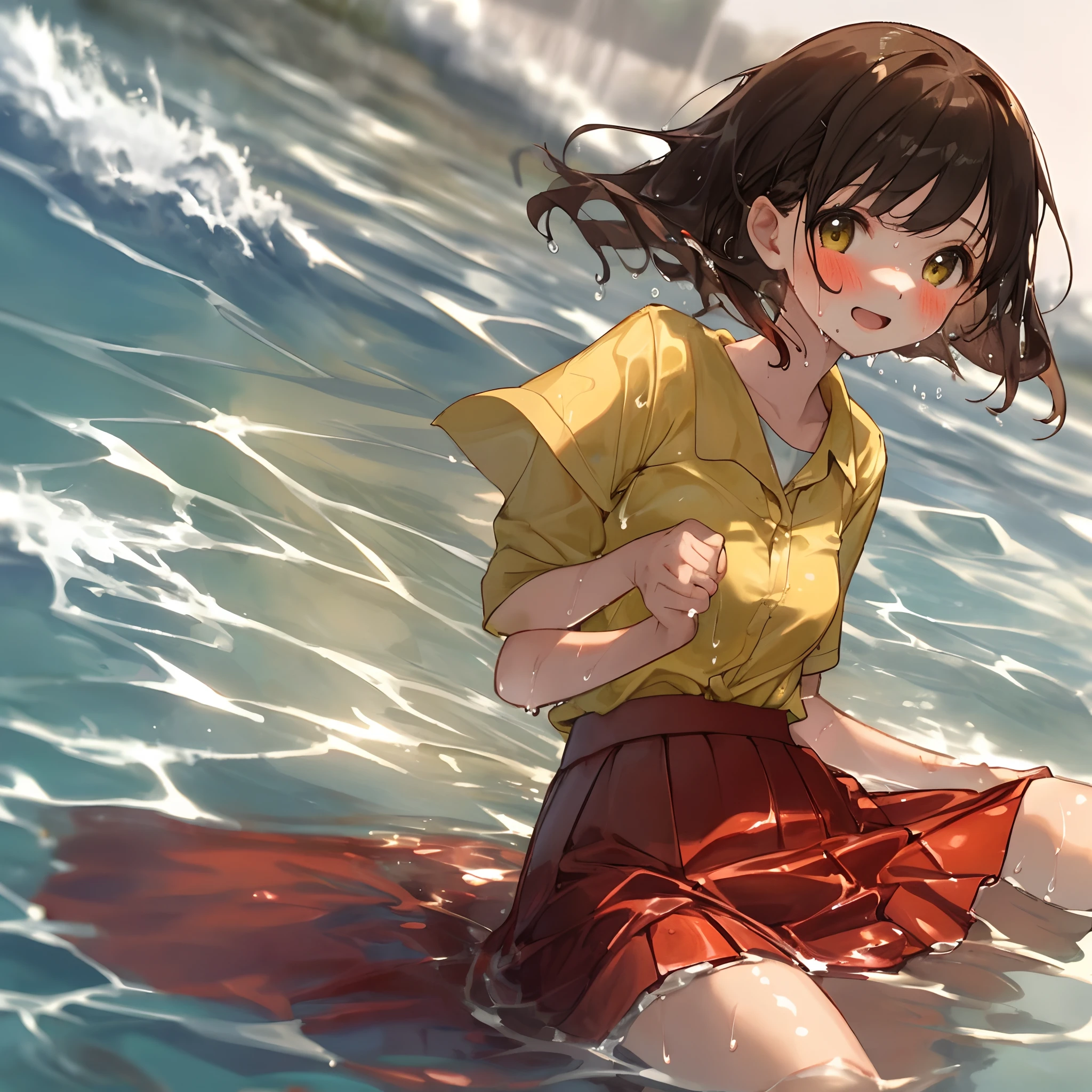 girl.yellow shirt and red skirt is wet water.her skirt is open .