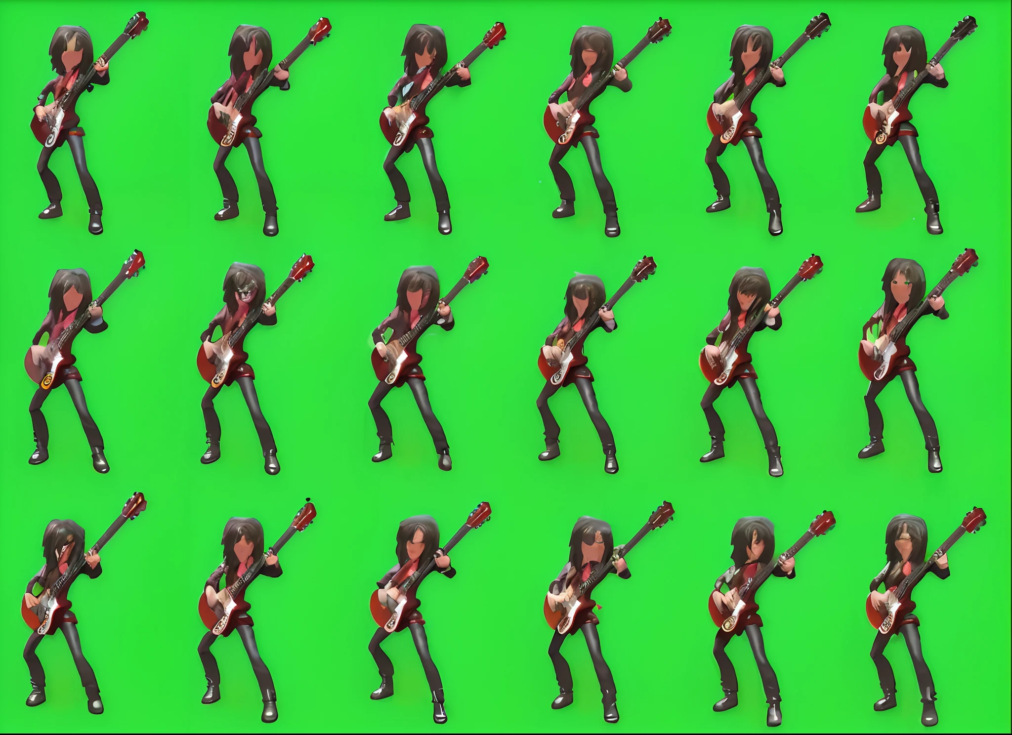 a close up of a person dressed in a black motorcycle leather jacket, black trousers, and black leather boots, playing a guitar on a green screen, green screen background, green screen, stereogram, spritesheet, vfx spritesheet!!!!!, sprite sheet, slash page, rotoscoped, rotoscoping, he is dancing. realistic, solid background, live2d virtual youtuber model, guitarist, rocking out, stop frame animation