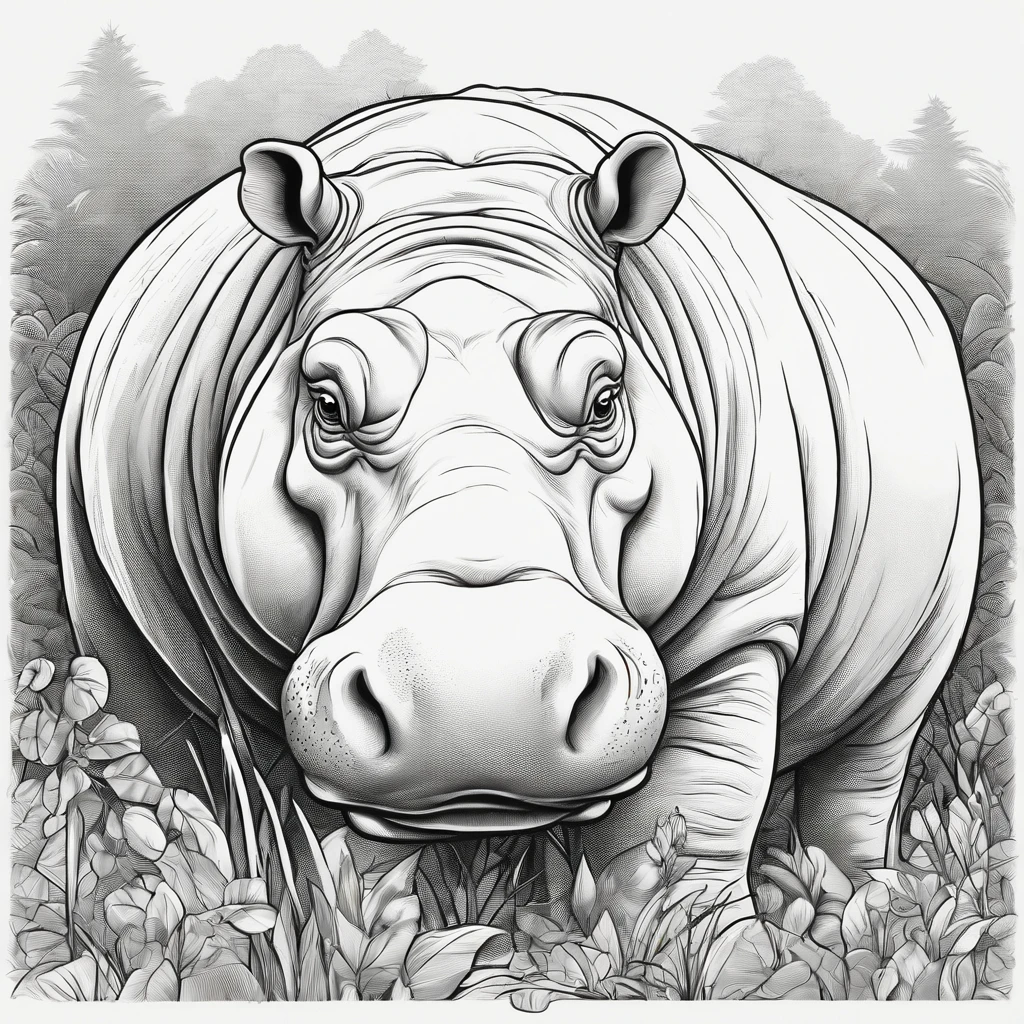 hippo, cartoon, plano de fundo do desenho de linha, fundo branco, monocromatic, desenho de linha, ((esquete)), para colorir
