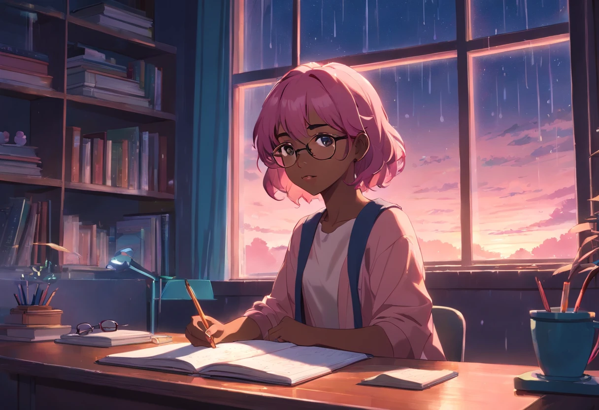 Lia a girl with pink hair, (dark skin), curly hair, studying in her peach pastel room, cozy study desk, glasses, large window overlooking beautiful nature scenery, (staring at the scenery), floral notebooks, (raining), (dark skin), (night time), (dark skin)