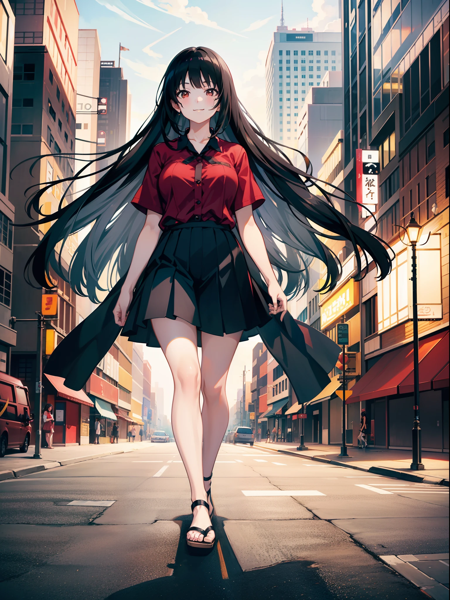 Anime girl walking down the street in a red shirt and black skirt ...
