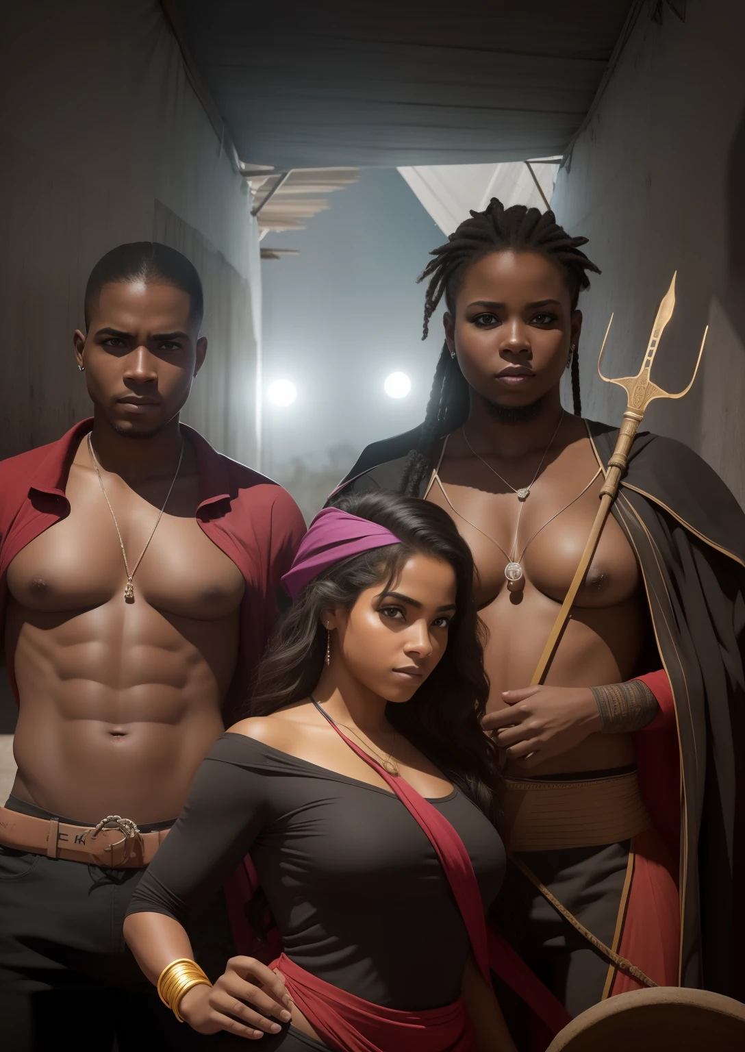 obra-prima, fotorrealista, raw,:1.4), (extremamente complexo:1.2),, cinematiclight, side-lighting, ultra high-resolution, melhor sombra, RAW, parte superior do corpo, 3 pessoas, uma linda mulher morena e dois homens afrodescendentes