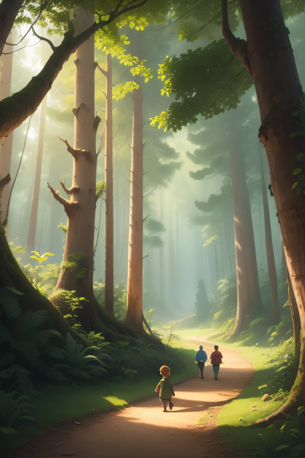 Crie uma Floresta Encantada, with the boy Guto and the Little Prince walking down a winding path surrounded by majestic trees that whisper secrets, com esquilos e corujas.