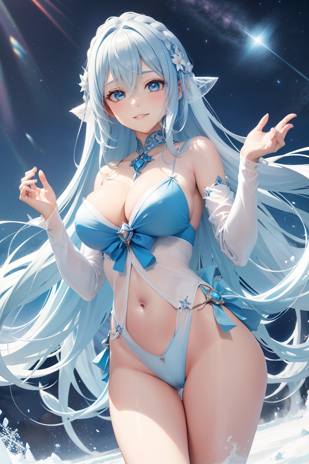 hposing Gravure Idol　a beauty girl　A smile　sky blue hair　length hair　Bright white and blue outfit　Mystical　fantasy

Spirit of Polar Light
World of ice and snow
The power of light and magic
Guardian of nature
Symbol of good luck or blessing
Butoh and music
Fantastic existence
Polar Fairy
Arctic and Antarctic
Beauty and mystique