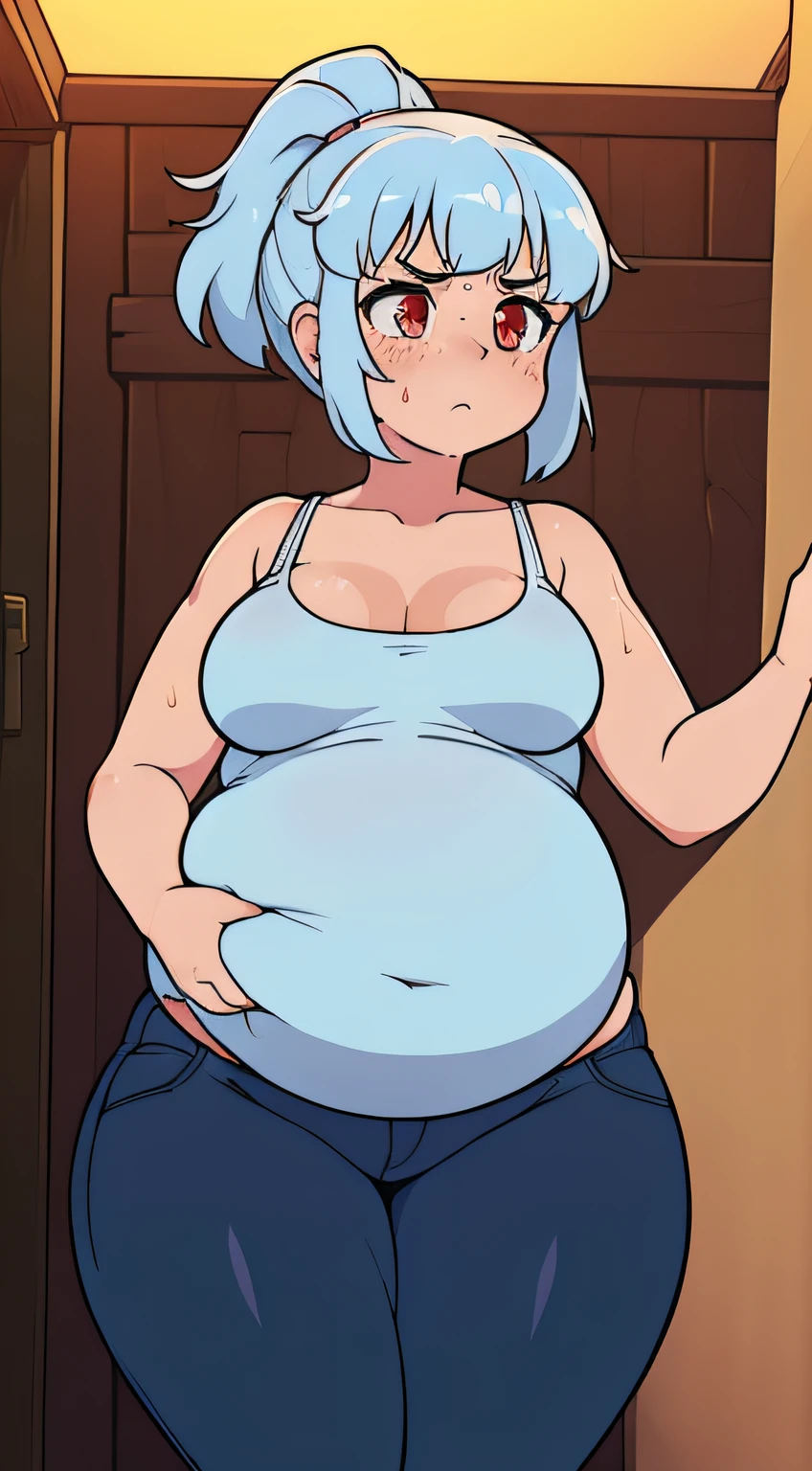 (((kipteitei art))), Masterpiece, high quality, best quality, beautiful, HD, perfect lighting, detailed face, detailed body, ((1girl)), ((solo)), jeans, ((tight pants)), small breasts, cleavage, ((((sagging breasts)))), (((wide hips))), ((((thick thighs)))), tummy bulge, soft body, ponytail, light blue hair, blushing, embarrassed, annoyed, freckles, red eyes, white bra, her bra doesn't fit, tight bra, exposed belly, fat, obese, fat belly, room, it's dark, candle in room, ((((big belly)))), ((((big belly)))), (((chubby girl))), (((plump))), fat arms, fat body, hand on belly, hand on chest, (cat girl), small round breasts, (((hands on her belly))), sweating, sweat, she's tired, green eyes, tanned skin, (((very small breasts))), small boobs, flat chest, her belly is bigger than her boobs, flat_chest, tiny_breasts, (((flat_chest))), (((tiny_breasts)))