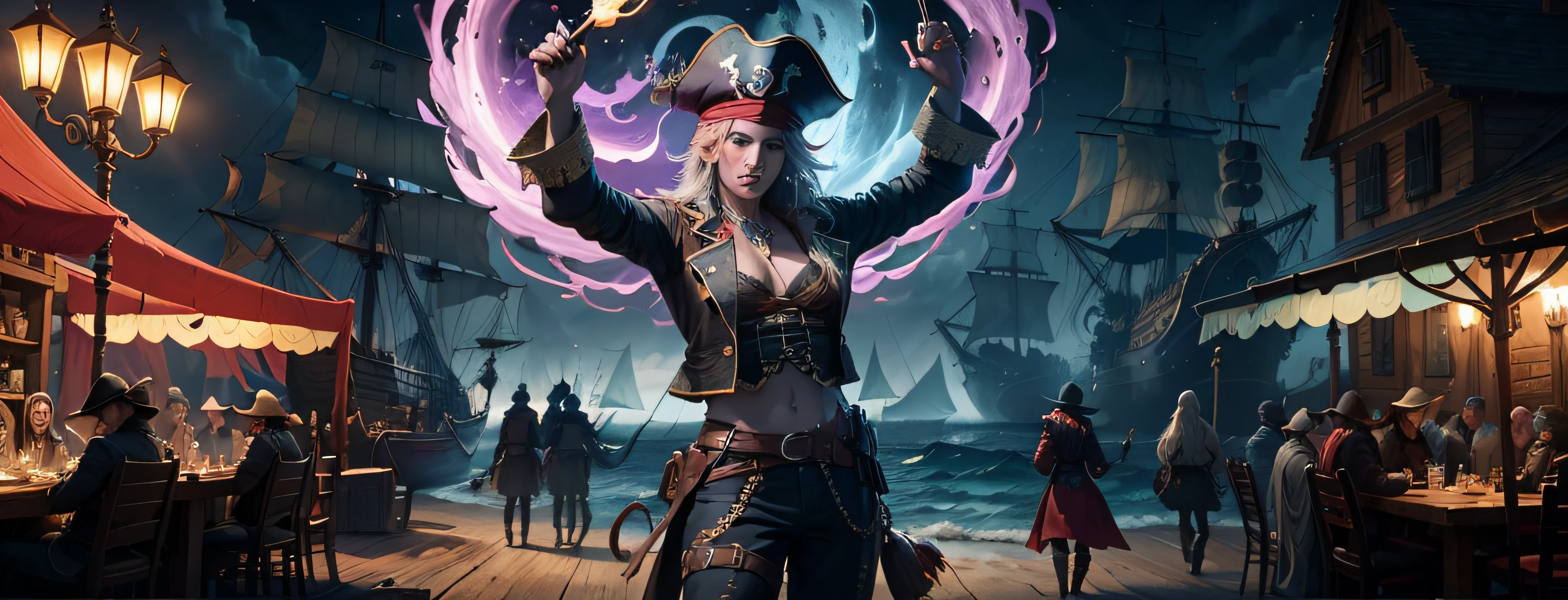 (additional tags: pirate flag, wooden ship, treasure chest, ocean waves, moonlight)
A pirate wench, radiating charm and confidence, stands on the left side of the pirate. She wears alluring lingerie, accentuating her curves and adding a touch of seduction to the scene. Her maritime-themed attire complements the pirate theme, with a striped bandana on her head and a pirate hat tilted to the side, adorned with a feather. Her eyes sparkle mischievously as she gazes ahead.
The pirate, standing tall and rugged, holds a gleaming cutlass in one hand and a telescope in the other. His face is weathered, revealing a life filled with adventure and danger. He wears a tattered, red coat with golden buttons, and his trousers are held up by a worn leather belt. An unmistakable air of authority surrounds him as he commands the pirate ship.
In the background, a magnificent wooden ship sails through choppy ocean waves. Its sails billow in the wind, proudly displaying the iconic skull and crossbones pirate flag. The ship is illuminated by the pale moonlight, casting an ethereal glow on the scene. The sound of creaking wood and crashing waves fills the air, enhancing the sense of adventure and mystery.
Nearby, a partially open treasure chest reveals its precious contents. The glimmer of gold and valuable jewels catches the eye, hinting at the wealth and treasures that lie within. This tantalizing sight adds an element of excitement and desire to the painting.
The color palette of the artwork is rich and vibrant, with warm tones dominating the scene. Deep shades of navy blue and emerald green in the ocean waves contrast beautifully with the warm hues of the moonlit sky. The pirate wench's lingerie boasts alluring shades of scarlet and black, adding an enticing allure to the artwork.
To enhance the overall atmosphere, the lighting in the painting is carefully crafted. Moonlight bathes the scene, lending a soft, mystical glow to the characters and the ship. Shadows dance across the