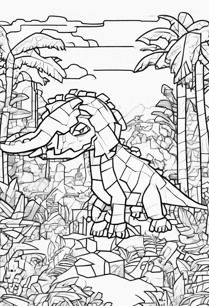 Coloring doodle for kids, Anquilosaurio in a jungle, Animated doodle style, heavy lines, Low detail, No shading: AR 9:11