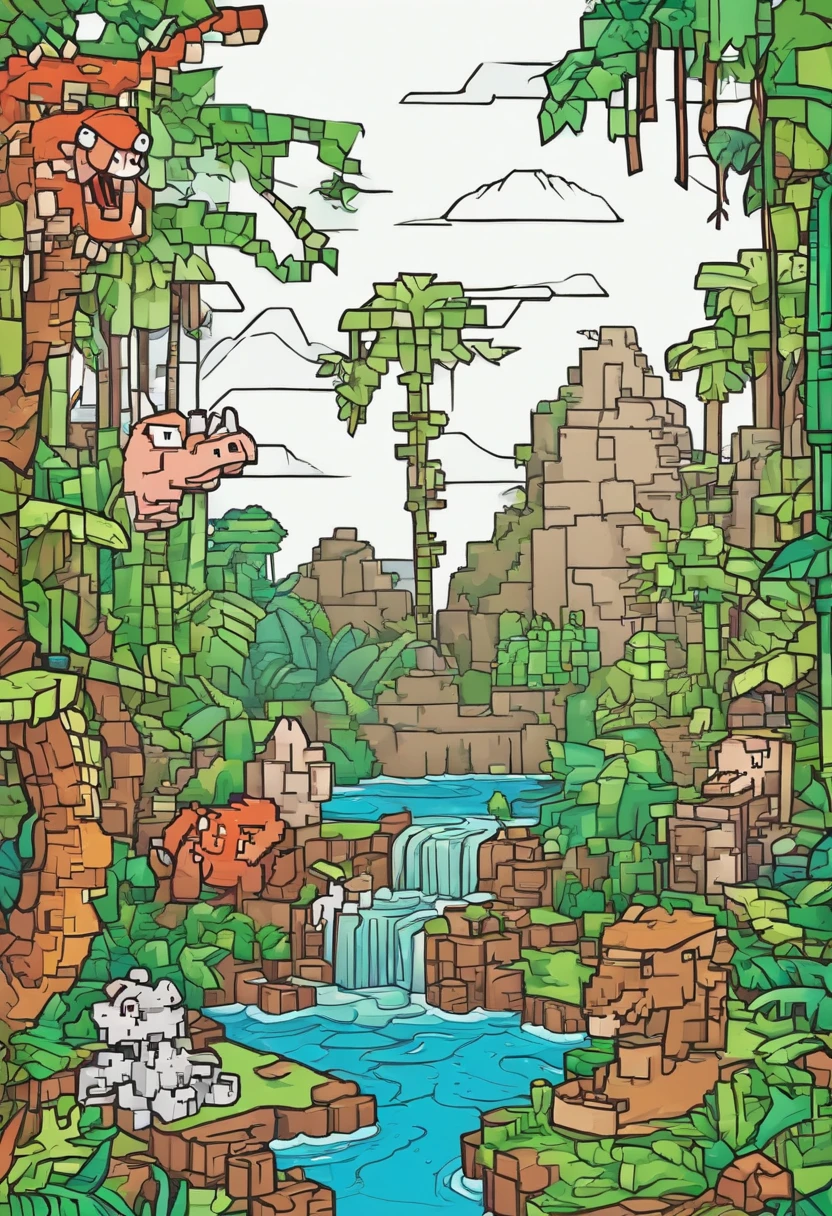 Coloring doodle for kids, Anquilosaurio in a jungle, Animated doodle style, heavy lines, Low detail, No shading: AR 9:11