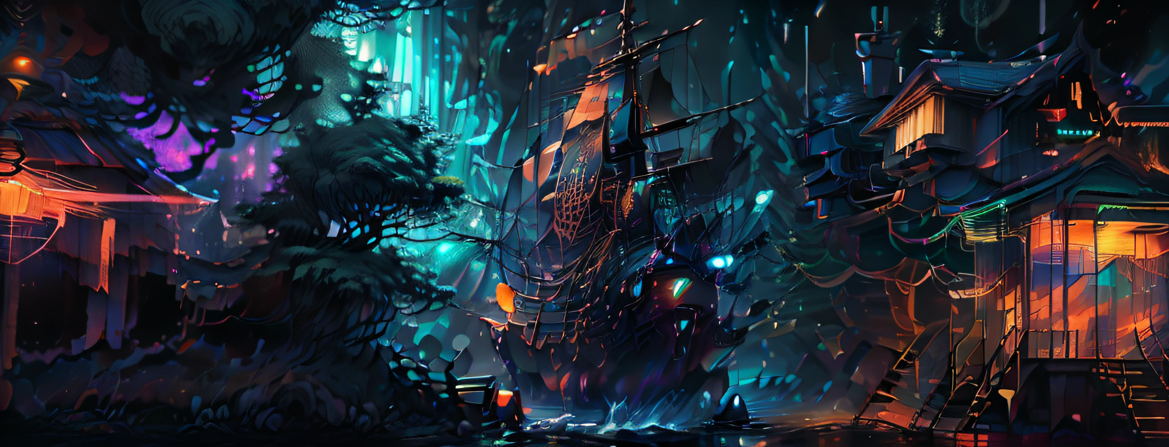 Under the cover of night, let the black light reveal a hidden world of enchantment and wonder. The weathered male pirate stands amidst a sea of pirate wenches, their arms entwined, as vivid 3D images come alive with psychedelic colors. The tavern and ships in the background transform into a mesmerizing spectacle, pulsating with vibrant hues that dance and swirl. Let yer brushstroke unleash the magic of this nocturnal scene, where reality and imagination intertwine. Set yer camera to capture this masterpiece in the best quality, 4k, high-res, and let the black light reveal the extraordinary beauty of this pirate's dream, me matey!
