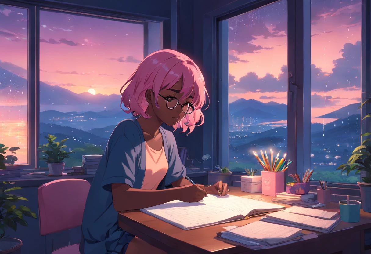 Lia a girl with pink hair, (dark skin), curly hair, studying in her peach pastel room, cozy study desk, glasses, large window overlooking beautiful nature scenery, (staring at the scenery), floral notebooks, (raining), (dark skin), (night time), (dark skin)