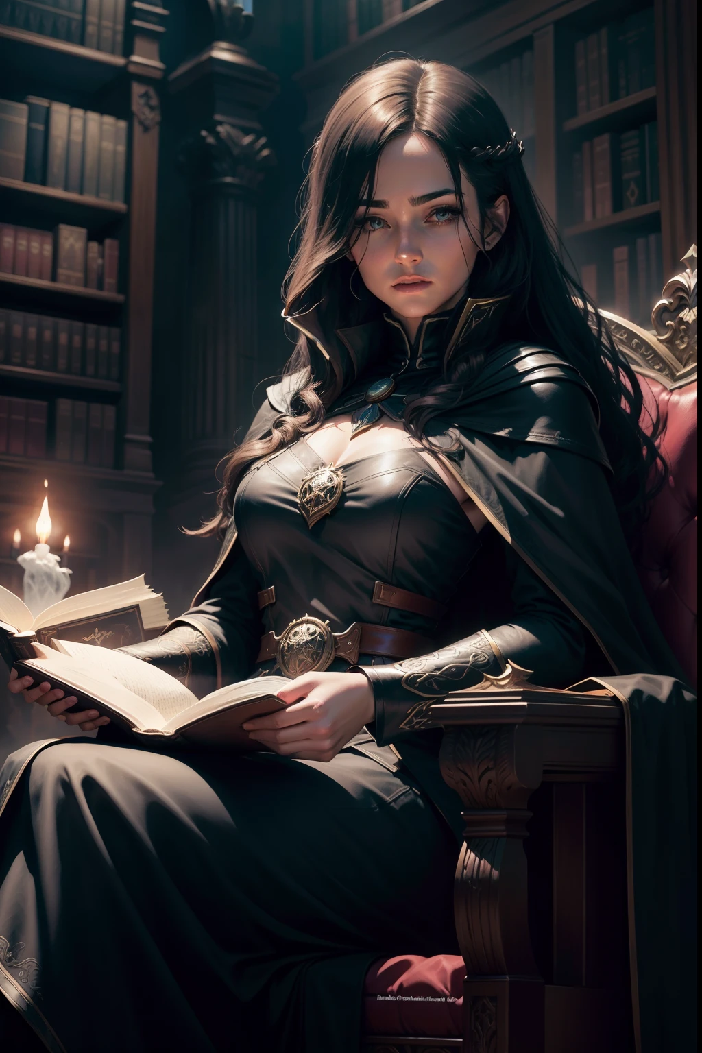 frontal image of a realistic woman mage with a black cape, reading a book surrounded by magic that floats in front of the mage, in a dark library, with a throne in the background and a light fog on the floor, dark light