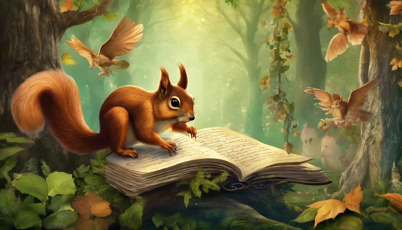 Create an Enchanted Forest with majestic trees, squirrel holding a riddle written on a sheet of paper and a wise owl.
