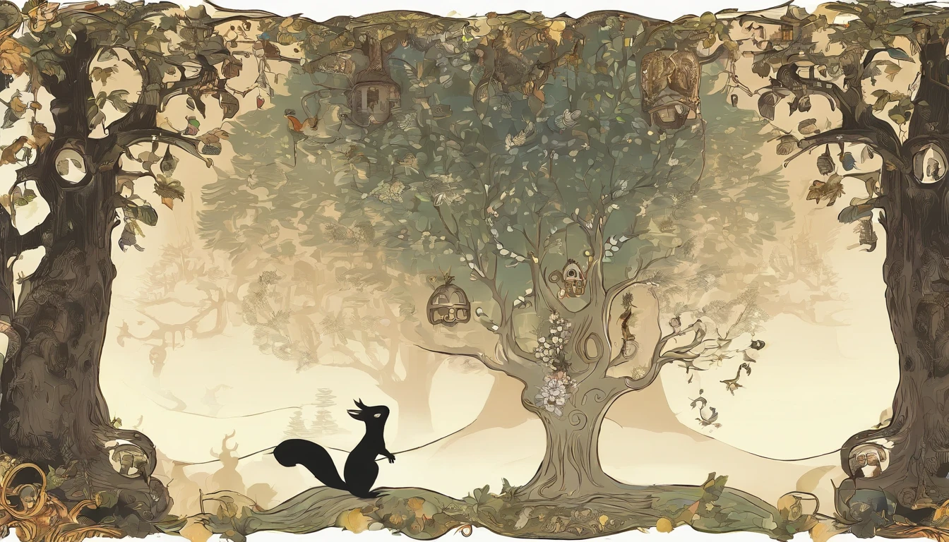 Create an Enchanted Forest with majestic trees, squirrel holding a riddle written on a sheet of paper and a wise owl.