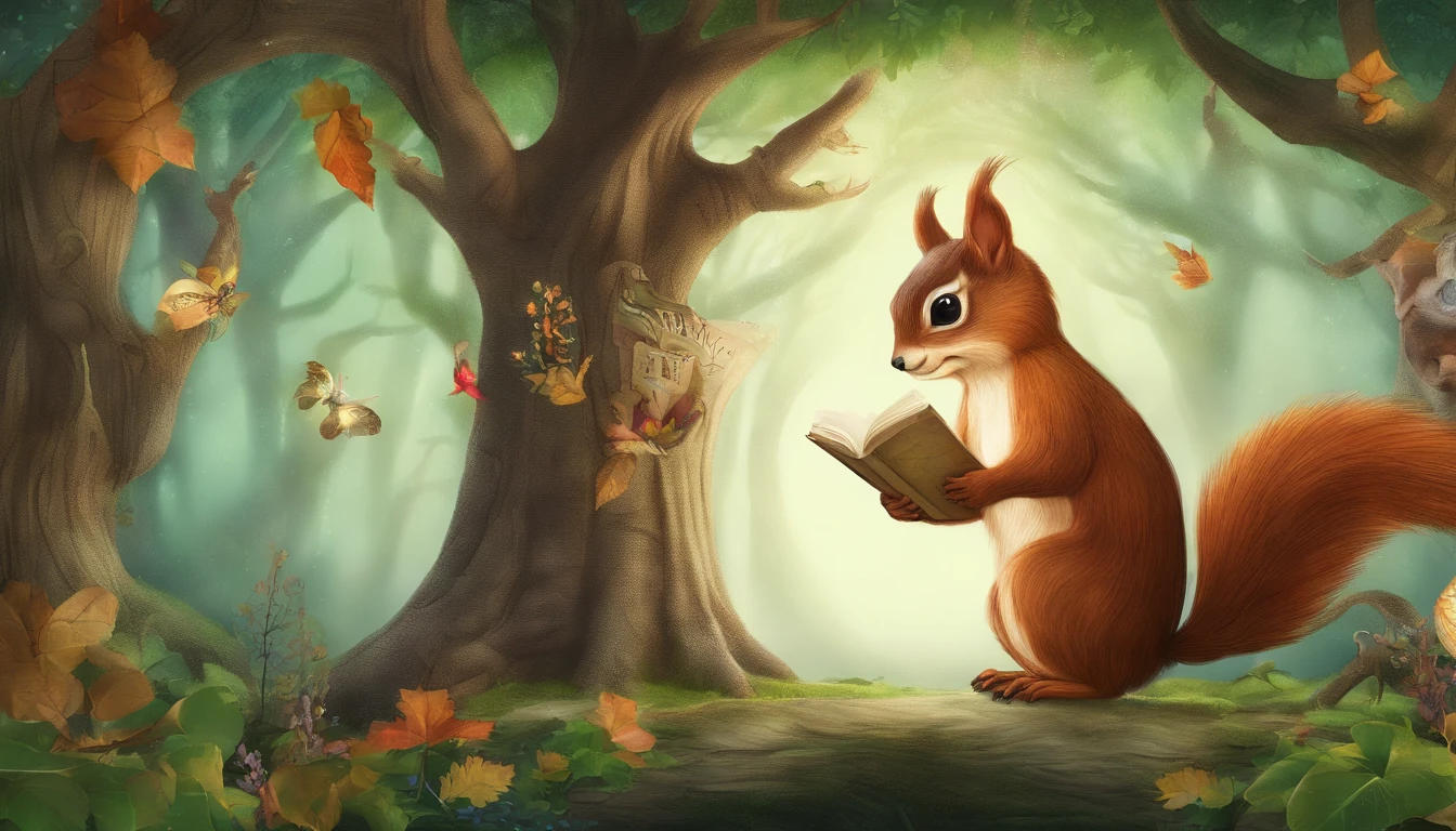Create an Enchanted Forest with majestic trees, squirrel holding a riddle written on a sheet of paper and a wise owl.